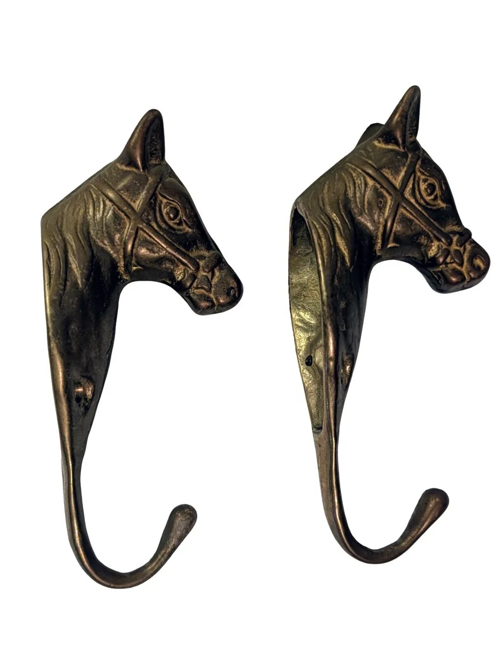 Pair Vintage Brass Horse Head Wall Hooks Equestrian Ranch Heavyweight